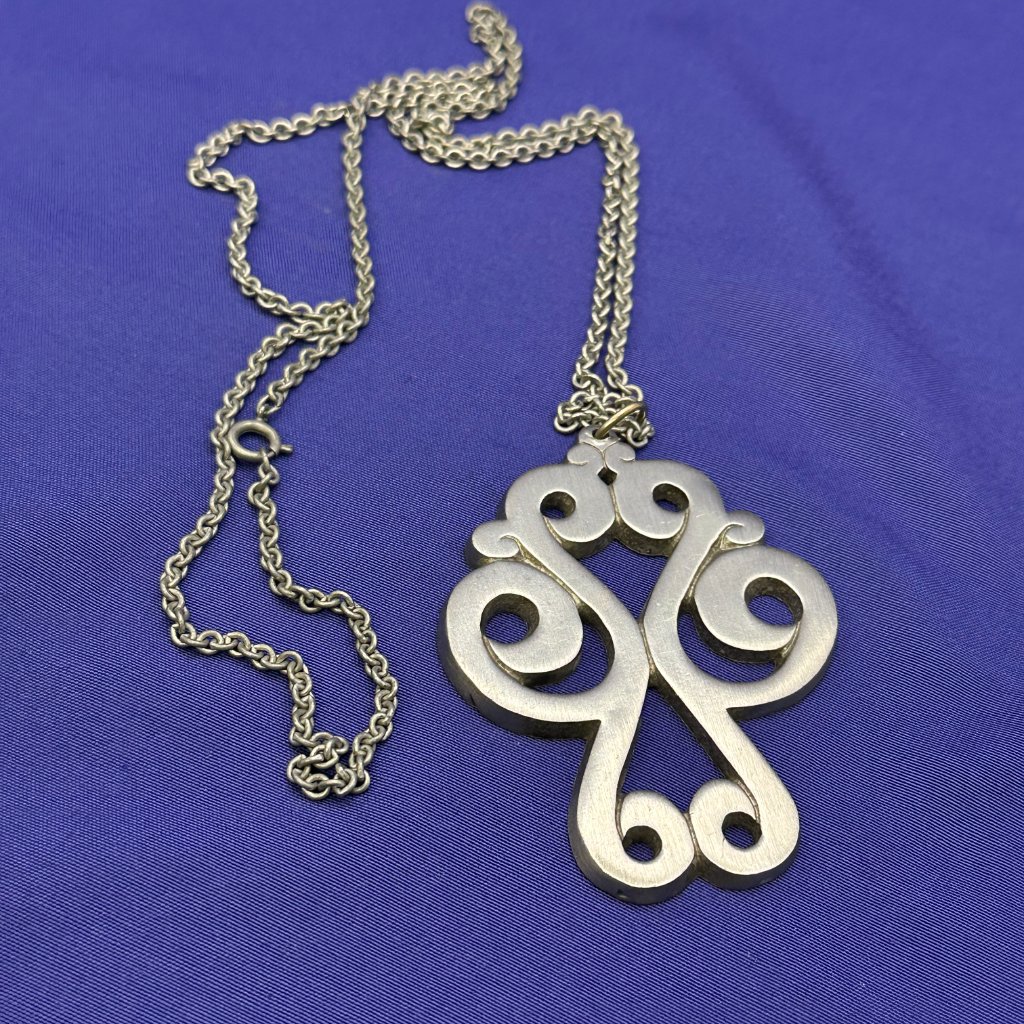 Vtg Towle Pewter Large Scroll Pendant Necklace